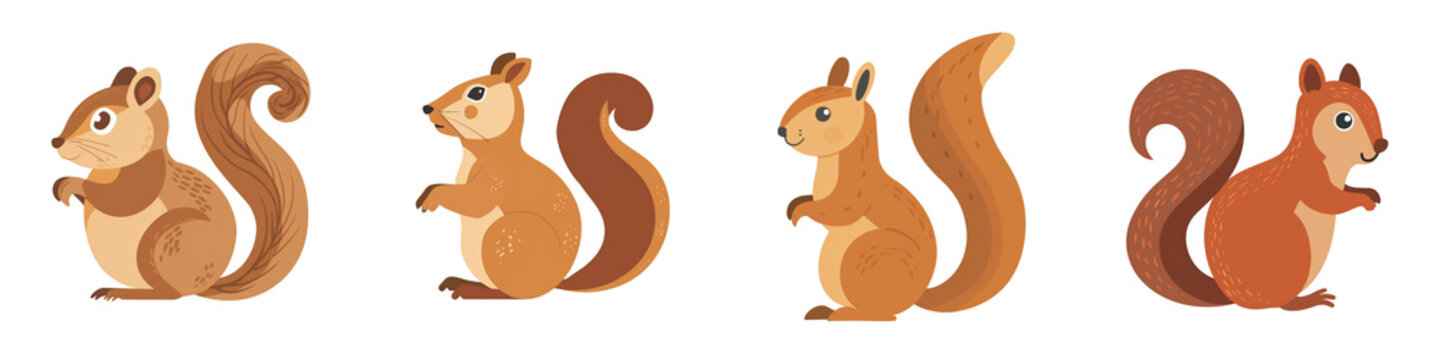 Cute cartoon squirrel illustrations set with different poses and colors. Perfect for children's books, educational materials, and design projects.