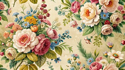 Beautiful vintage wallpaper featuring a botanical flower bunch, vintage, wallpaper, botanical, flowers, bunch, retro, design
