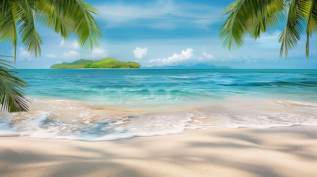 Imaginatively staged sandy beach with palm trees. Landscape has tropical character, such as in Caribbean