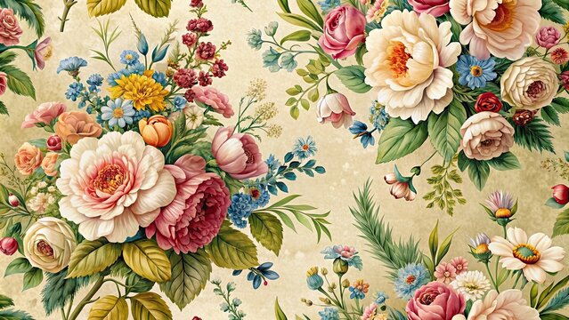 Fototapeta Beautiful vintage wallpaper featuring a botanical flower bunch, vintage, wallpaper, botanical, flowers, bunch, retro, design