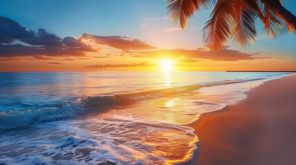 Imaginatively staged sandy beach with palm trees and sunset. Landscape has tropical character, such as in Caribbean