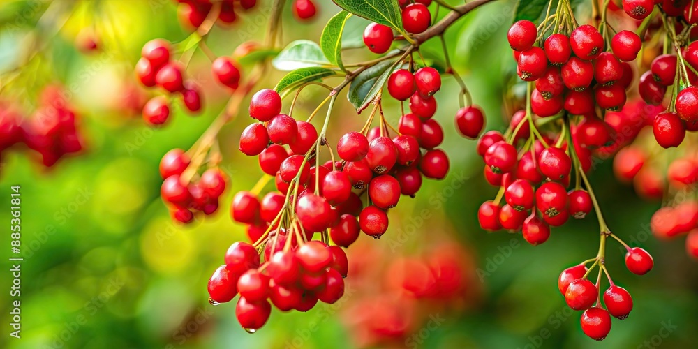 Poster Lush red berries hanging from a bush , ripe, vibrant, cluster, fresh, foliage, organic, close-up, nature, outdoors, juicy, plant