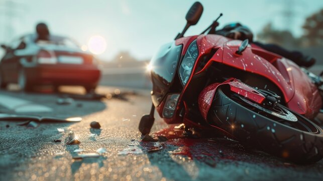 Motorcycle and car accident or crash on road. Dangerous street collision, careless fast driver, emergency help, drunk, insurance.