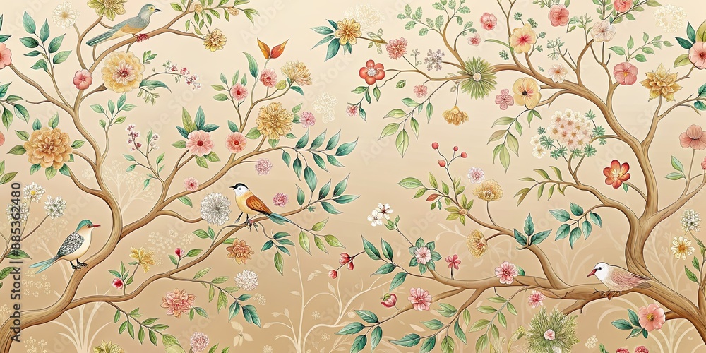 Poster Beautiful tree pattern with flowers and birds in Chinese style in beige and pastel colors , Chinese, tree, flowers