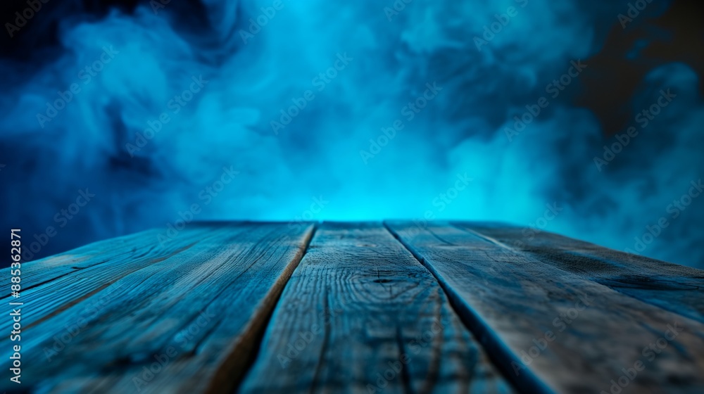 Poster a blue smokey background with a wooden table in the foreground. the table is empty and the backgroun