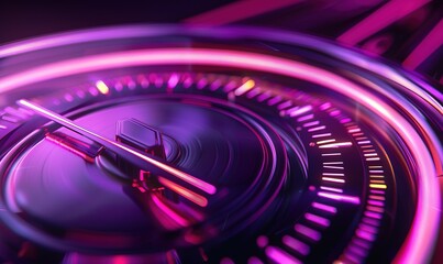  illustration of a speedometer with a black background with pink stripes and purple light highlights