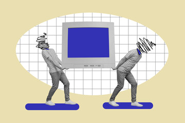 Collage 3d image of pinup pop retro sketch of chaos heads carry bog monitor propaganda computer two...