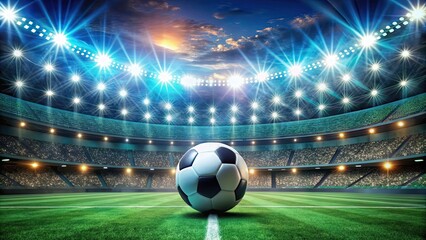 Obraz premium Vibrant soccer arena with flashing lights and a soccer ball in the foreground, soccer, football, arena, lights, pulse, pitch