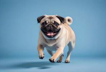 Obraz premium Happy running pug on blue background