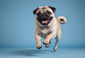 Happy running pug on blue background
