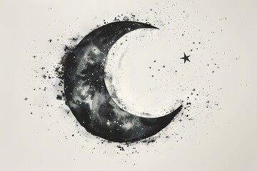 Artistic Black and White Crescent Moon with Stars