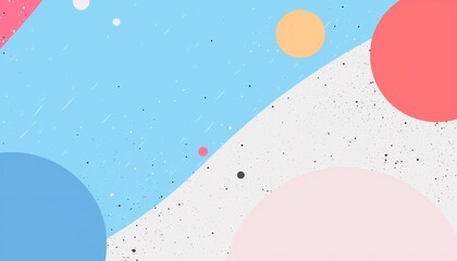 An artistic abstract composition featuring colorful geometric shapes and scattered dots on a light blue background.