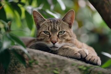 A content cat resting on a tree branch amidst lush green foliage, gazing relaxedly at the camera with half-closed eyes.