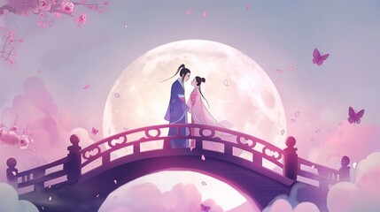 Illustration for Qixi with a couple on a bridge on a full moon night.