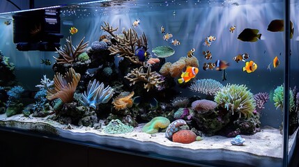 Freshwater aquarium decorated in pseudo-sea style