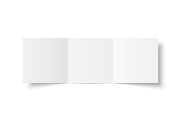 Vector white blank square three panel roll fold opened on white background. Trifold, leaflet, brochure, booklet, flyer or invitation card mockup. Mock up front side isolated. 3D illustration