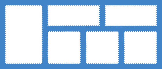 Set of frames in shape of squares and rectangles of various sizes with zigzag smooth edges. Vector illustration of white blank forms for writing text, notes, photos. Templates for design.