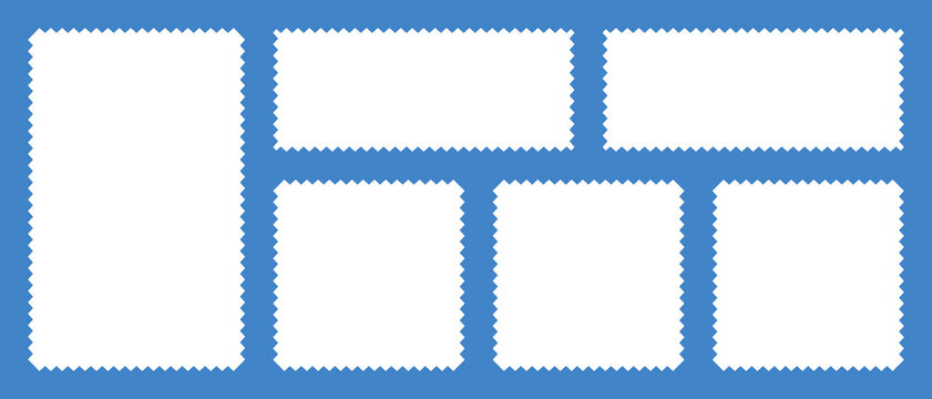 Set of frames in shape of squares and rectangles of various sizes with zigzag smooth edges. Vector illustration of white blank forms for writing text, notes, photos. Templates for design.