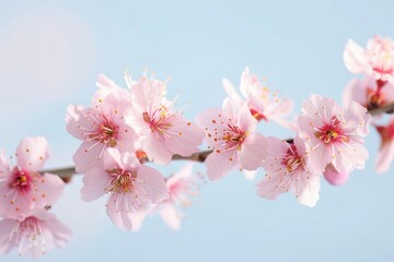 Beautiful pink cherry blossoms in full bloom against a clear blue sky background, perfect for springtime themes and nature displays, with ample copy space