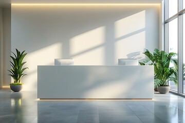 Modern Minimalist Reception Area with Natural Light and Greenery