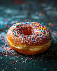 Scrumptious donut topped with vibrant sprinkles and powdered sugar