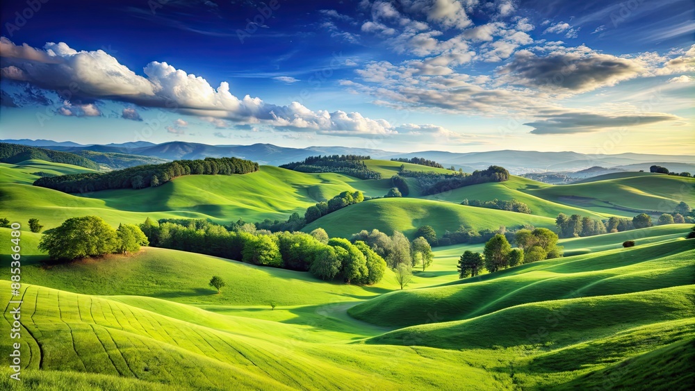 Wall mural Lush green landscape with rolling hills and a clear blue sky, nature, scenery, outdoors, panoramic, environment