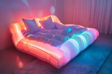Fototapeta premium Cozy Bed with Colorful LED Lighting in a Modern Bedroom