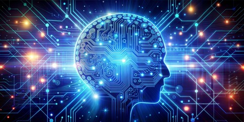 Obraz premium futuristic digital illustration of a human head silhouette adorned with a brain-shaped circuit board pattern, symbolizing artificial intelligence