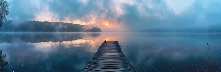 Obraz premium Misty Morning on a Tranquil Lake with a Wooden Dock