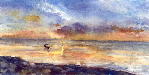 The sea and the sunset. Watercolor illustration
