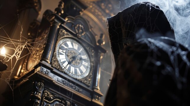 A spooky old grandfather clock striking midnight, with cobwebs and a ghostly figure nearby