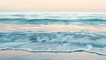 Calm ocean at dawn, soft pastel colors reflecting on water gentle waves, horizon blending with sky