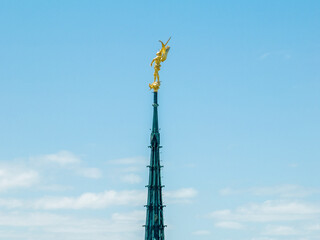 Obraz premium Aerial view of the Statue of Saint Michel and the dragon, Spire of Mont Saint Michel Abbey, Normandy. France