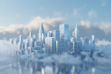 Futuristic city with blurry moving glass buildings and skyscrapers. Use a white and blue theme.