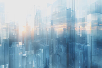 Futuristic city with blurry moving glass buildings and skyscrapers. Use a white and blue theme.