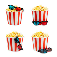 Tasty popcorn in buckets and cold cola drinks with cinema tickets, movie clapper and 3D eyeglasses isolated on white background. Cinema concept. Watching a movie.