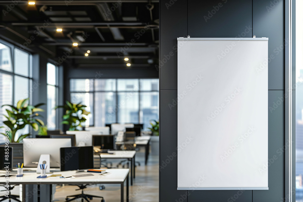 Poster white vertical canvas mockup in an open space office with desks and computers,