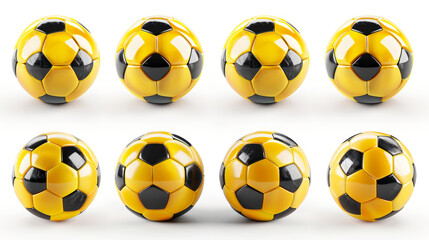 "Collection of yellow and black glossy footballs isolated on a white background. Vector 3D design elements showcasing colorful soccer balls as sports icons."
