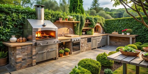 Obraz premium Outdoor kitchen with grill, smoker, and pizza oven in a lush garden setting, perfect for al fresco dining, outdoor, kitchen