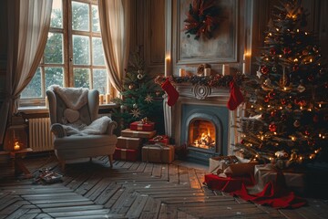 Obraz premium Cozy Christmas Living Room with Fireplace, Candles, Indoor Tree with Lights, Beige Curtains, Red Stockings on Sofa, and Presents on Wooden Flooring