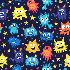 Fototapeta premium Seamless pattern of colorful cartoon monsters and aliens on a dark blue background with stars.