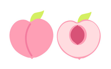 Peach set icons. Peach in the cut icon. Flat style. Vector icons.