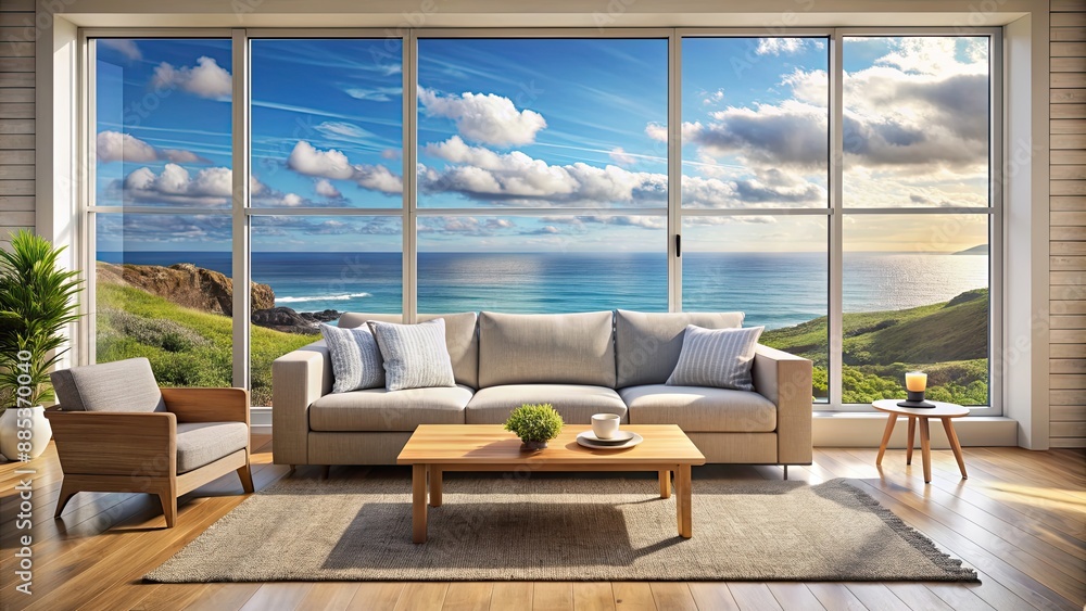 Poster Scenic ocean view from large window with cozy couch and coffee table, ocean, window, view, couch, coffee table, interior