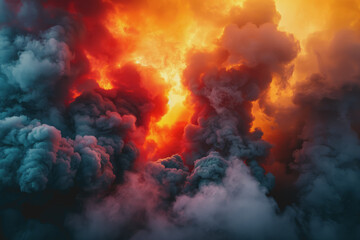 Fototapeta premium The powerful smoke is a fiery mix of red, yellow, and orange, like a volcanic eruption.
