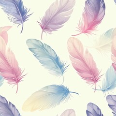 Seamless pattern with pastel colored feathers on a light background