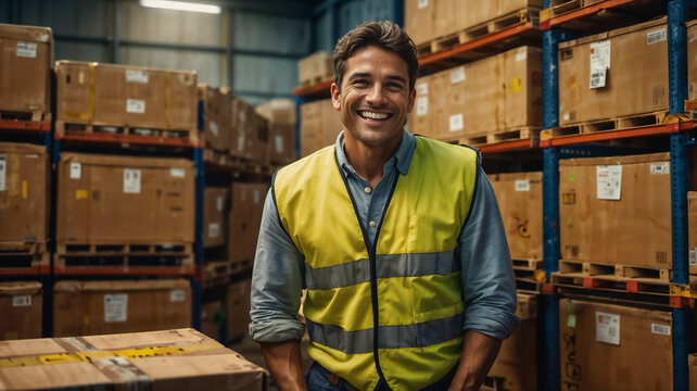 Corriere espresso sorride in magazzino circondato da scatole di cartoni e bancali