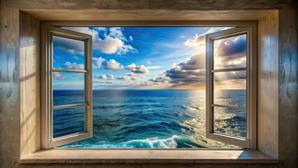 Majestic ocean view through a window frame, ocean, view, window, frame, water, waves, horizon, majestic, blue, peaceful