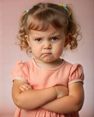 Naklejka premium angry little asian girl standing with her arms crossed, and looking at the camera with upset face expression, Unhappy toddler, studio shot, annoyed and frustrated child emotion 