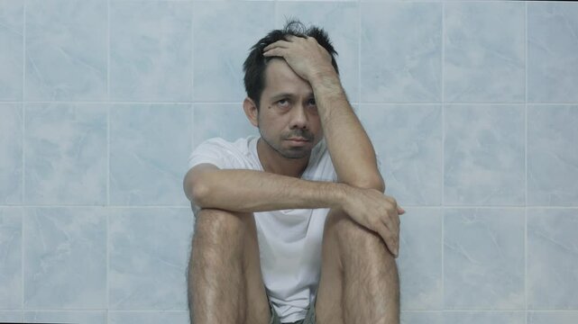 Asian man sitting stressed in bathroom alone