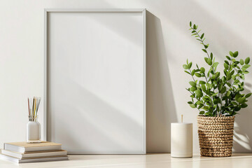 white frame mockup, side view of desk with white wall background, book and pencil jar, plant in a woven basket, candle, empty space for artwork or picture, close up shot